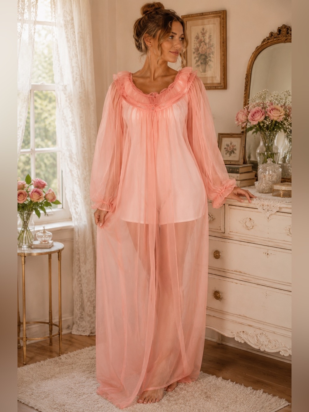 Vintage 1960s Kayser Nylon Sheer Pink Peignoir Robe – Size Medium